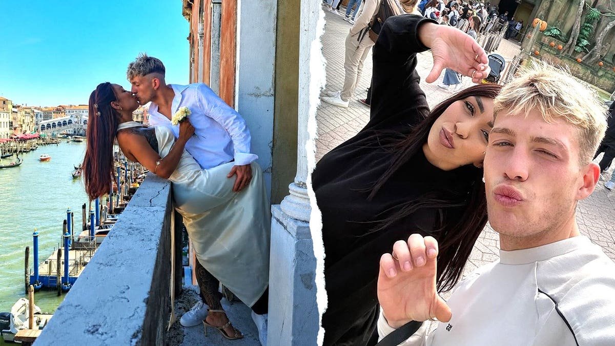 Split image of couple kissing, posing in selfie