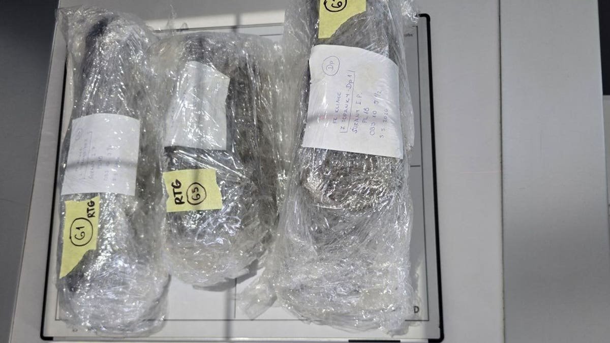 View of Roman shoes wrapped-up in lab