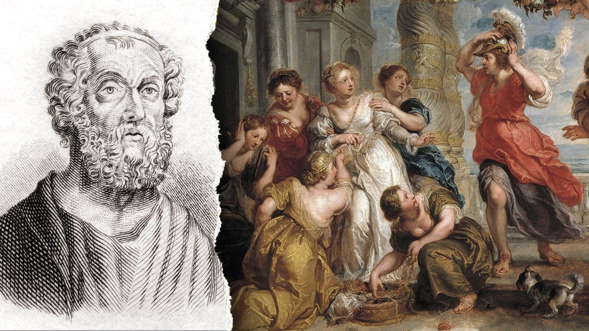 Illustration of homer next to scene in the Odyssey