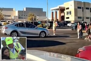 Wild dashcam video shows crossing guard shield mother and 2 kids from speeding car: ‘You’re a hero!’