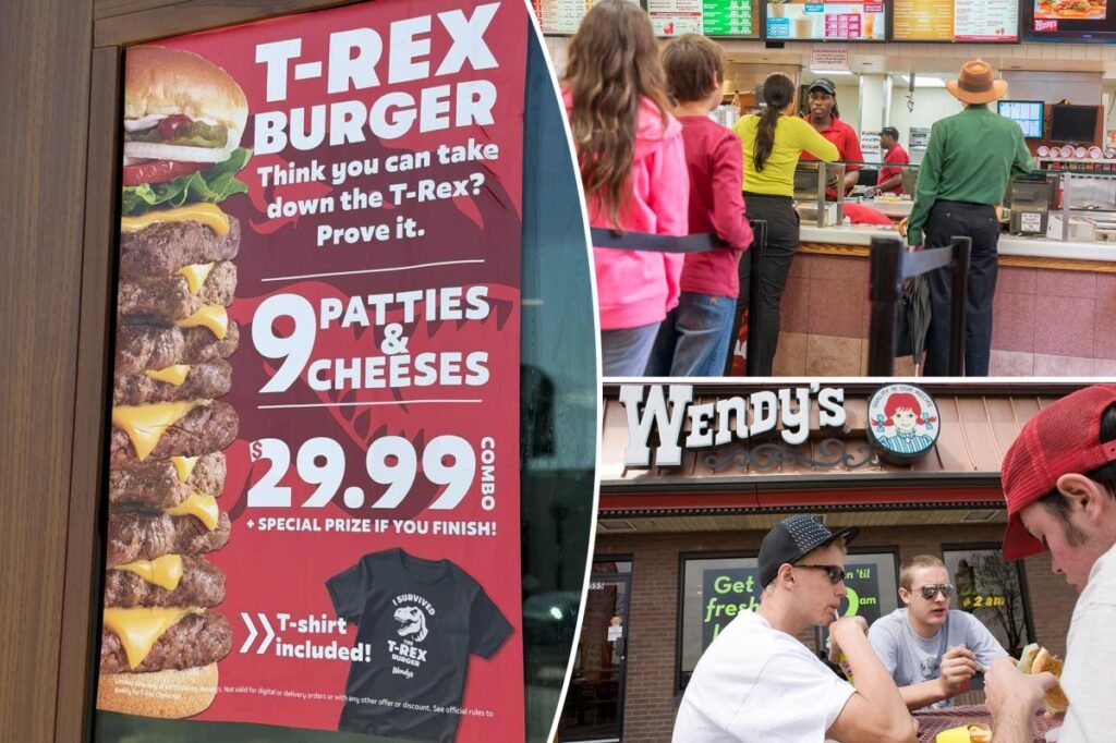 Previously banned Wendy’s burger of Jurassic proportions returns — daring customers to eat 9 patties in 9 minutes Previously banned Wendy’s burger of Jurassic proportions returns — daring customers to eat 9 patties in 9 minutes