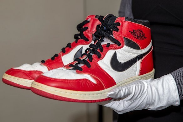 A pair of Air Jordan 1s, from 1985, which were worn by Michael Jordan.