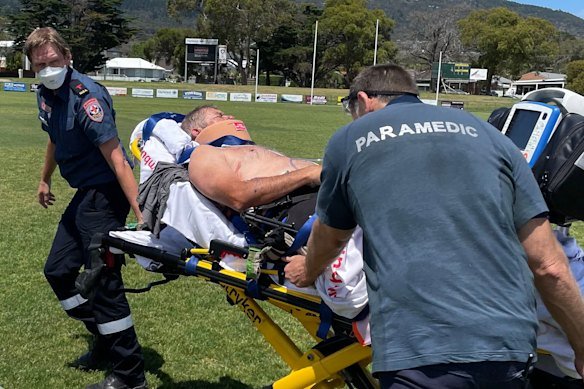 Heggen about to be flown to The Alfred hospital on the day of the accident.