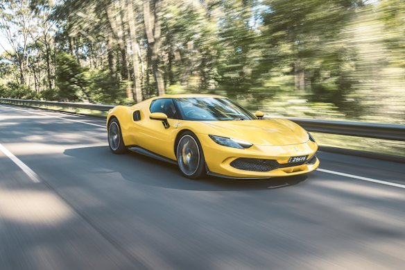 A Ferrari 296 GTB in full flight. A car of the same make and model owned by a Filippini family member was allegedly purchased using Chiodo Corporation money. 