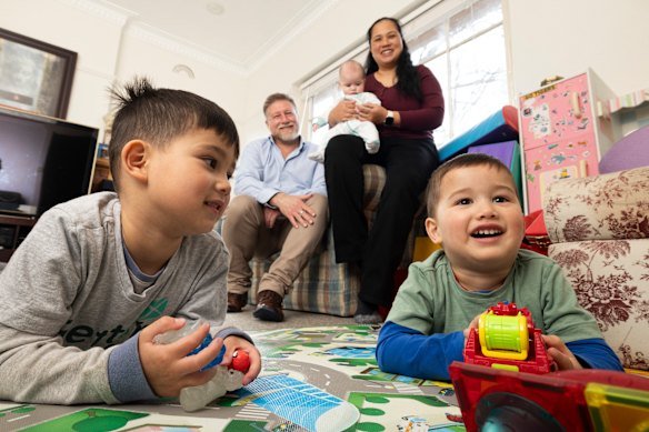 Rhys Malin and Jennie Ho with their children Kobe, 5, Kai, 3, and Keira, 5 months. Both Kobe and Kai are at kindergarten five days a week.