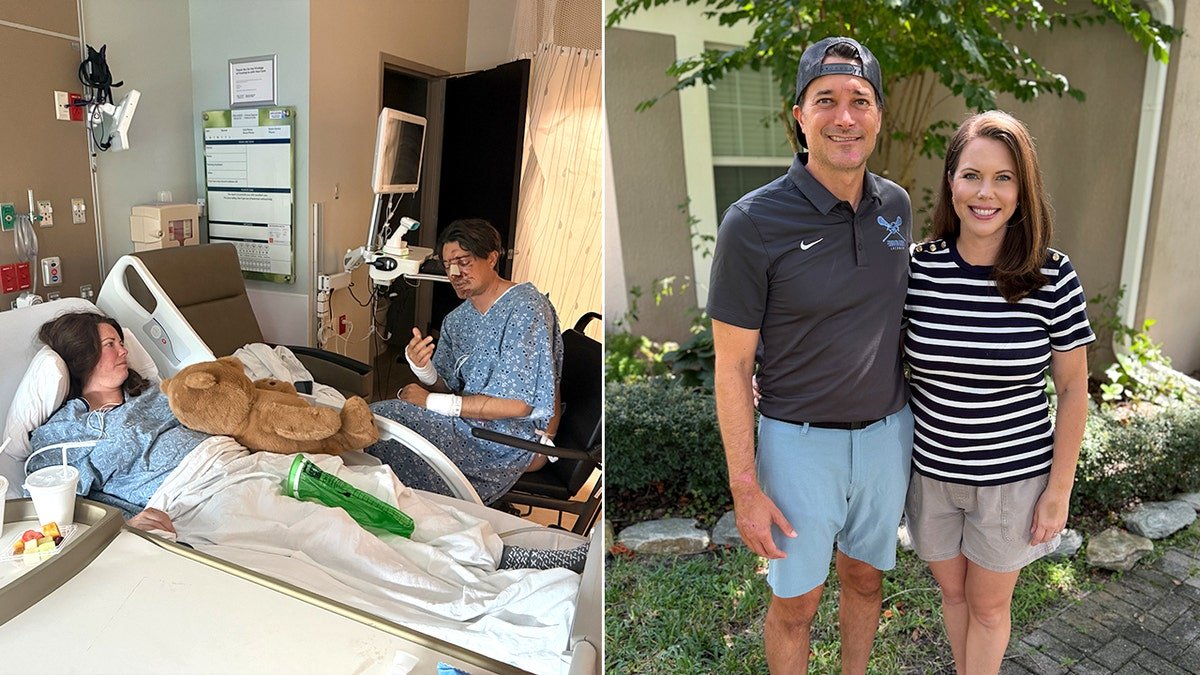 split photo of couple in hospital room and them posing for a photo
