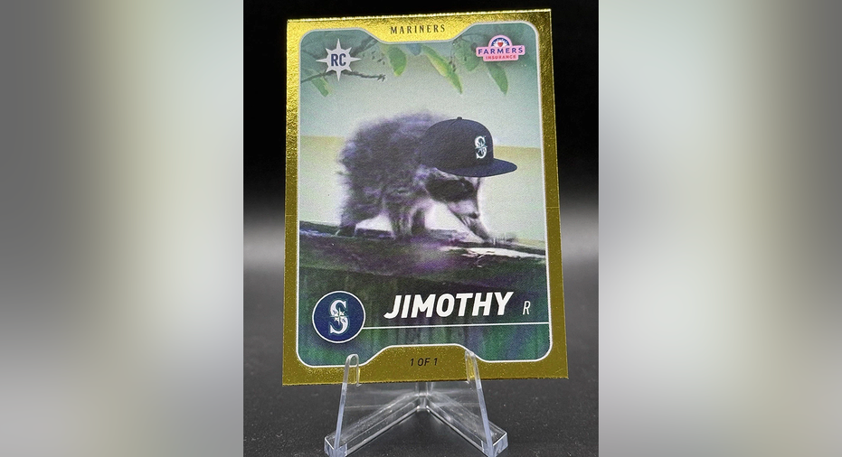 One-of-one gold Jimothy rookie card featuring Seattle's viral raccoon and the Mariners logo