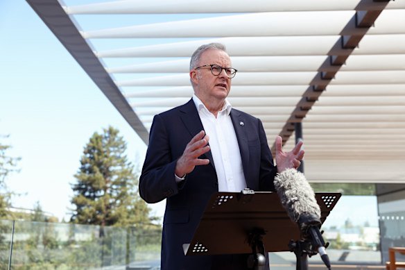 Prime Minister Anthony Albanese during a press conference at Apple Park Visitor Center in Cupertino, California.