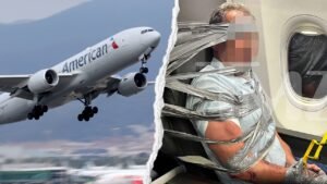 American Airlines passenger duct-taped to seat after alleged racist, homophobic midair outburst American Airlines passenger duct-taped to seat after alleged racist, homophobic midair outburst