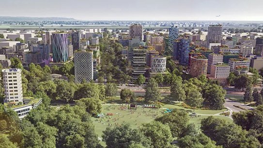 A render of the new city of Bradfield, which is planned for a large site south of Western Sydney International Airport.