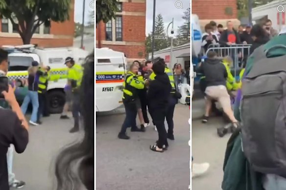 Two police officers were allegedly assaulted in Fremantle as they attempted to arrest a man during the grand final street party on Saturday.
