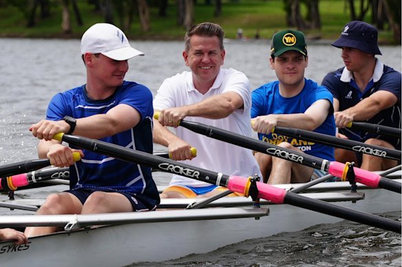 Deputy Premier Jarrod Bleijie rowing with Young LNP members on the Fitzroy River in Rockhampton in November.