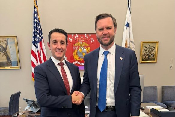 Queensland Premier David Crisafulli meets with US Vice President JD Vance during a trip to the US.