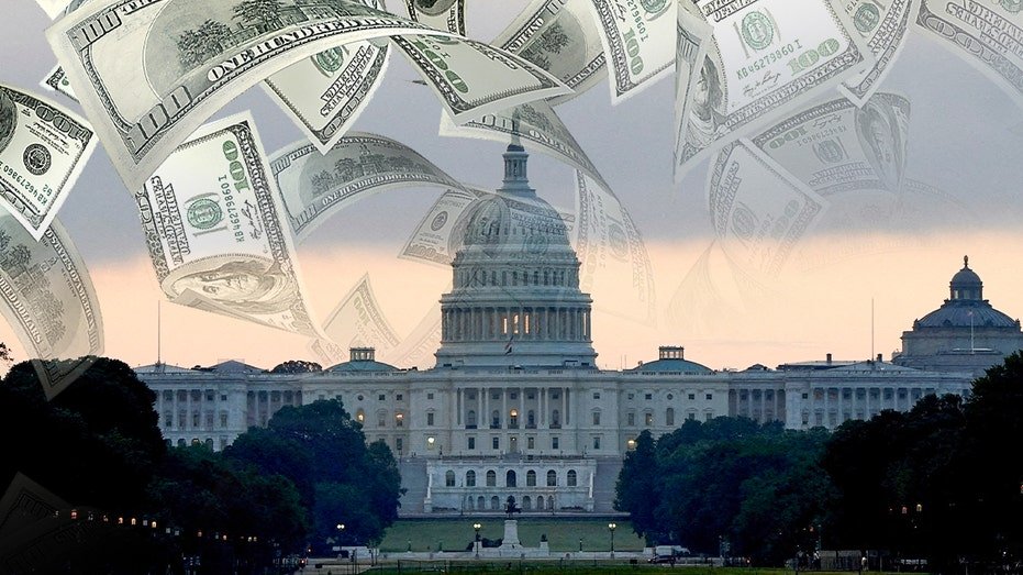Money illustrated falling on the Capitol in D.C.
