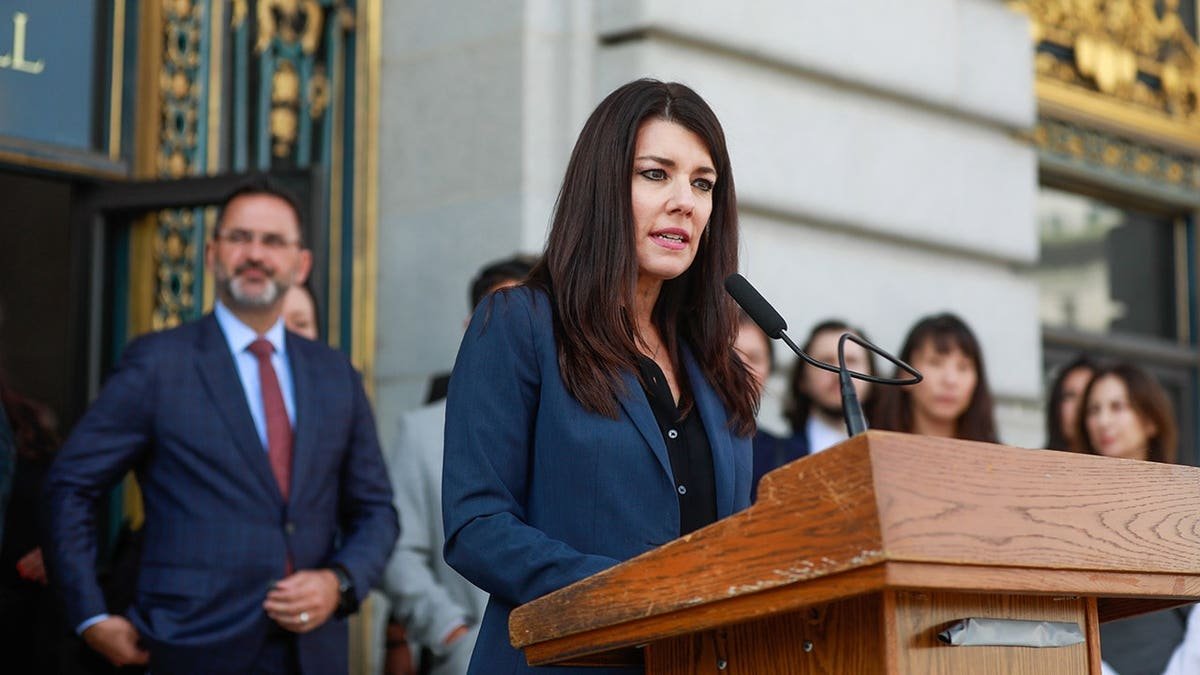 Supervisor Catherine Stefani speaks at a press conference in City Hall.