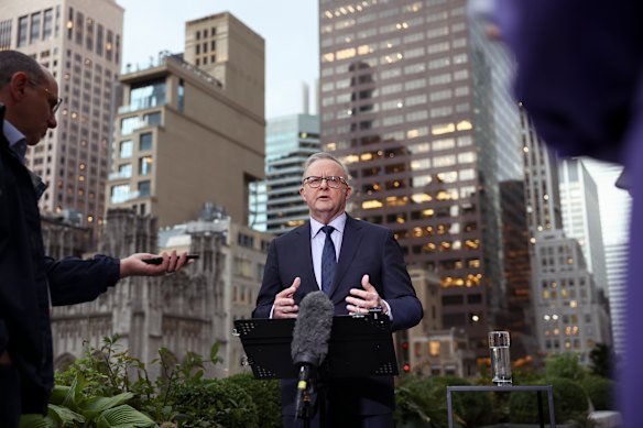 Prime Minister Anthony Albanese speaking to reporters in New York City on Wednesday, AEST.