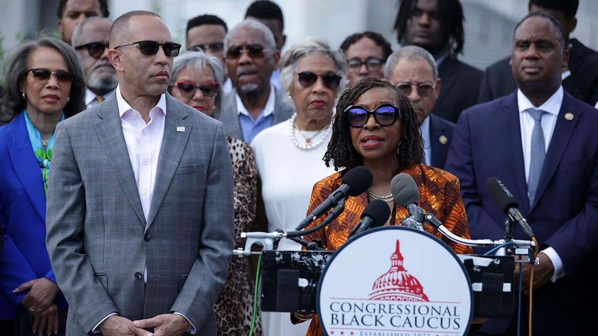 House Minority Leader Hakeem Jeffries and Congressional Black Caucus Chairperson Yvette Clarke at a news conference.