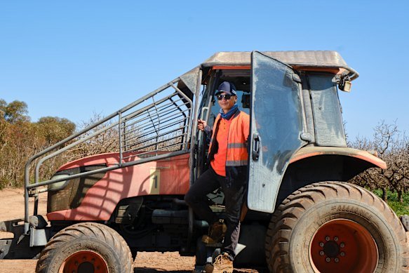 Zac Herman, a full-time worker on a pistachio farm in Kyalite in the Riverina district of NSW, which relies on migrant workers year round and employs dozens on migrant visas for the harvest.