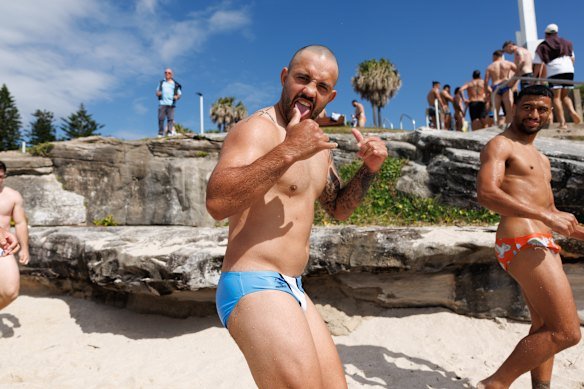 Feeling better: Cronulla Shark Braydon Trindall (left) during an ocean pool recovery session.