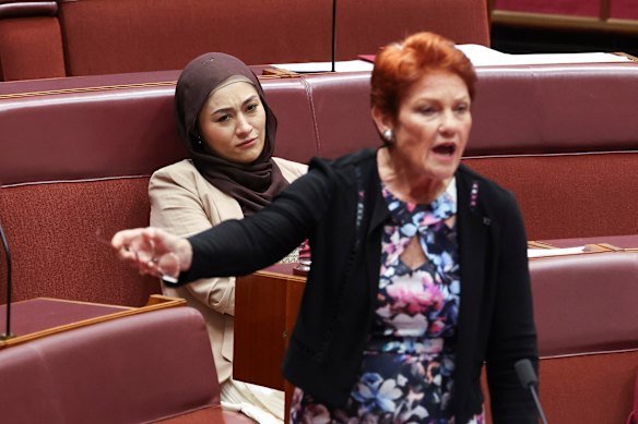 Senator Fatima Payman (L) and Senator Pauline Hanson (R).