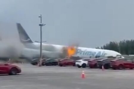 Flames shoot from Amazon cargo plane in dramatic video — as witnesses feared an explosion