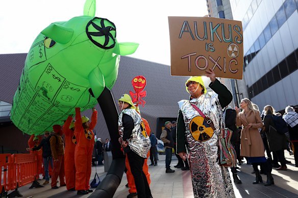 Anti-AUKUS protesters outside the ALP conference in Adelaide in July.