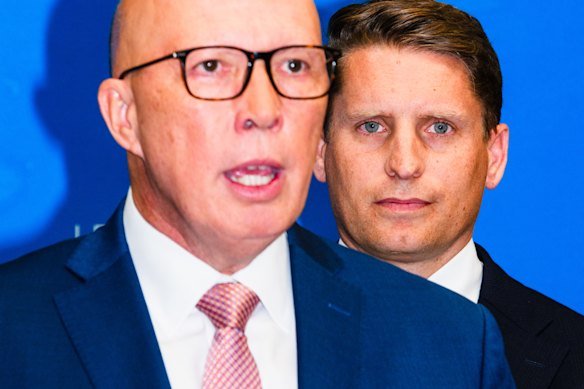 Then-opposition leader Peter Dutton pictured in 2025 with Hastie, then shadow defence minister.