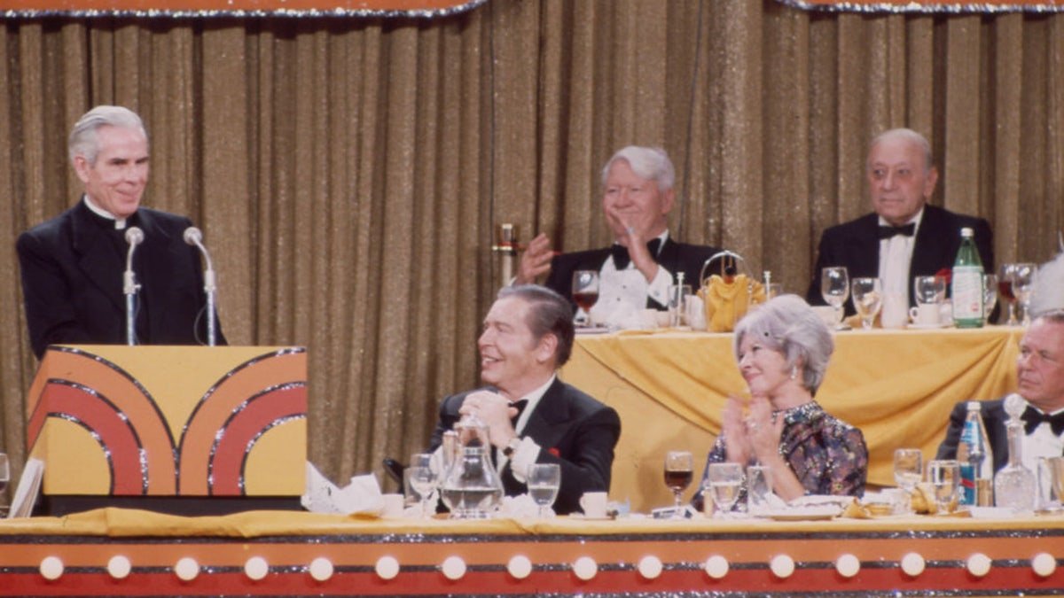 Bishop Fulton J Sheen, Milton Berle, Frank Sintra appearing on the ABC tv special 'A Show Business Salute to Milton Berle' in 1973.