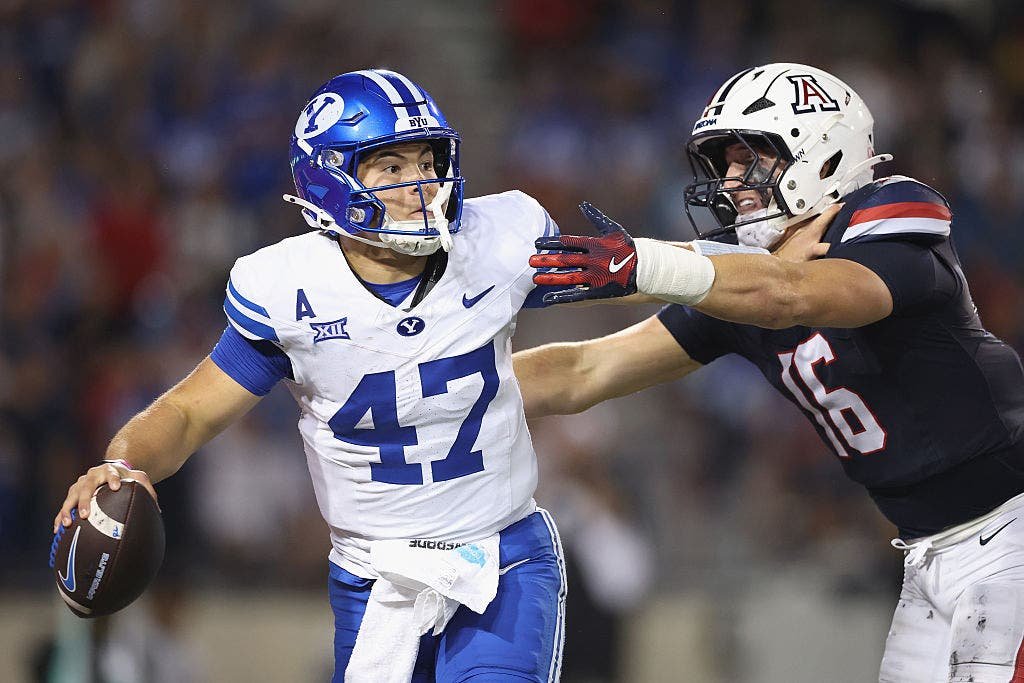 Bear Bachmeier and BYU beat Arizona 33-27 in overtime in 2025. (Photo by Christian Petersen/Getty Images)