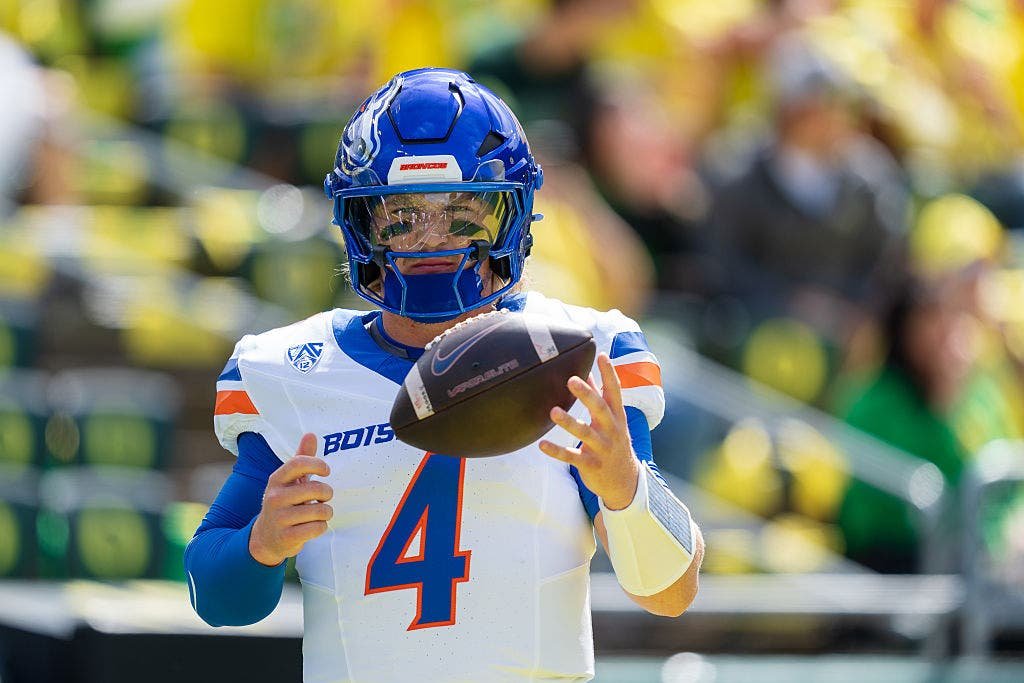 Maddux Madsen threw for three touchdowns as Boise State nearly upset Oregon in Week 1. (Photo by Ali Gradischer/Getty Images)