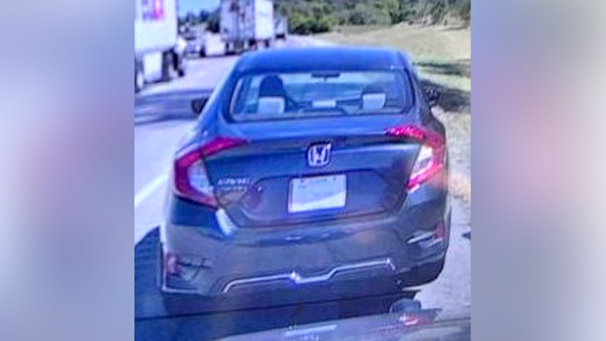 Rear view of a dark Honda Civic on the shoulder of a highway