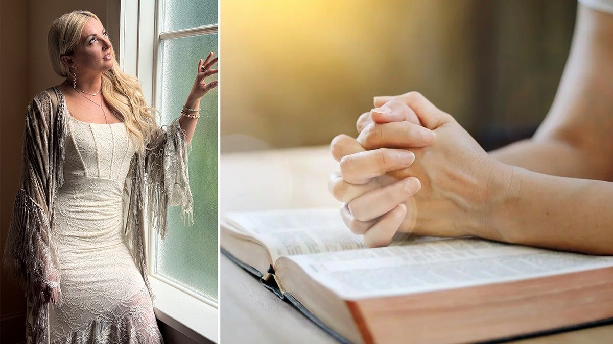 Karen Waldrup, country singer, on left, with woman praying with Bible on right