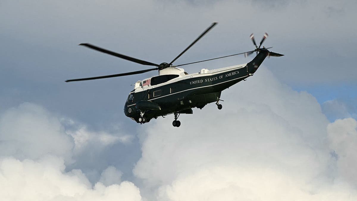 Marine One carrying President Donald Trump takes off from the Ellipse near the White House.