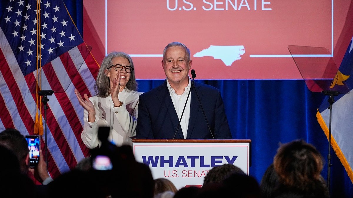Michael Whatley speaking at a primary election night watch party in Charlotte, North Carolina.
