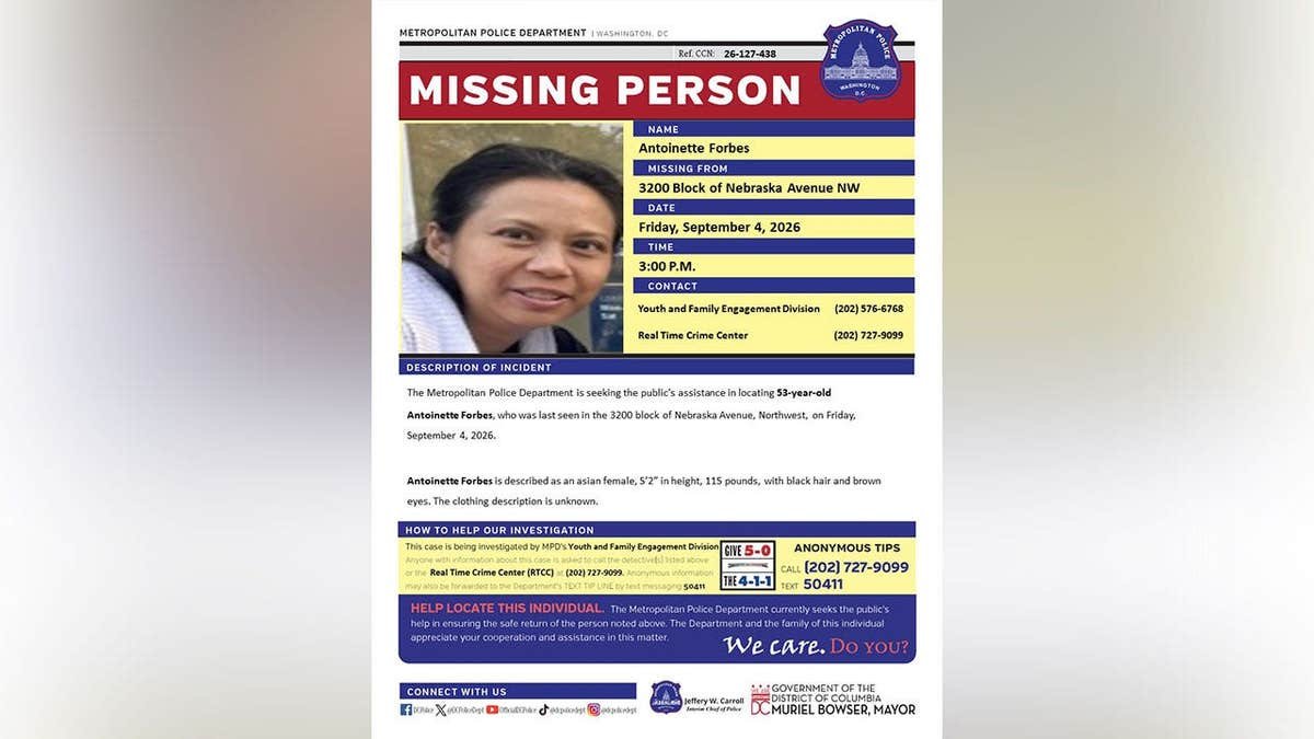 Metropolitan Police Department missing person poster featuring Antoinette Forbes and details about her disappearance.