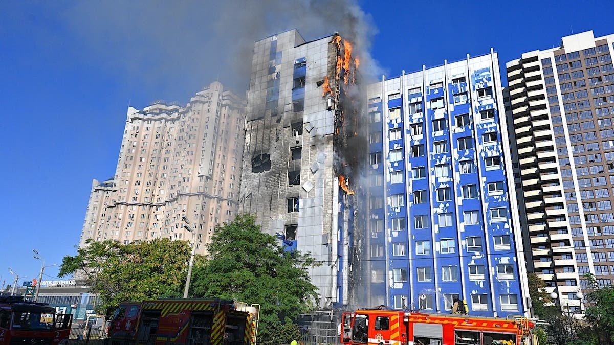 An office building burns in Odesa, Ukraine.