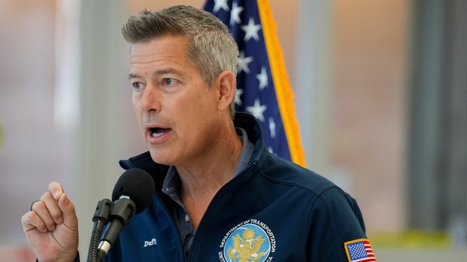 Transportation Secretary Sean Duffy gives a press conference at Newark Liberty International Airport.