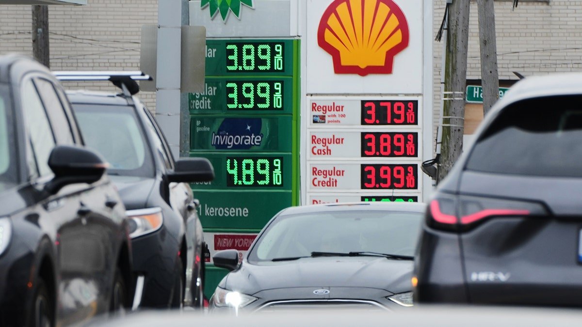 Gas prices are shown, Tuesday, March 31, 2026, in Detroit. (AP Photo/Paul Sancya)