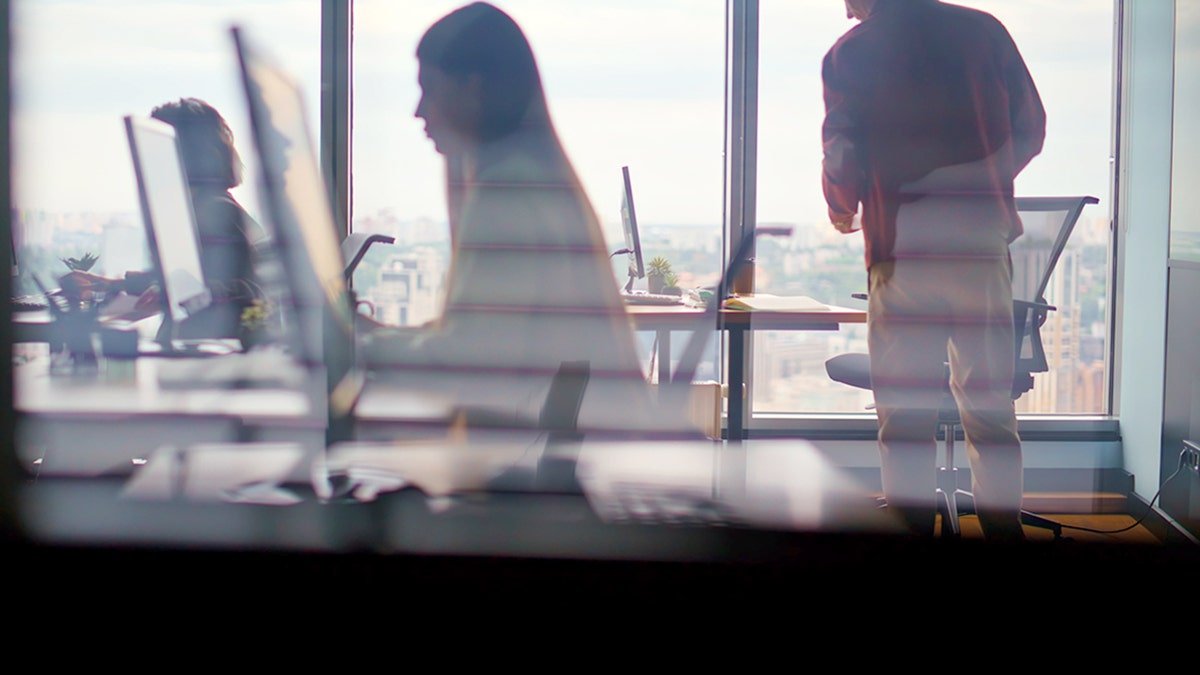 Corporate workers silhouettes typing computers in modern tech studio.