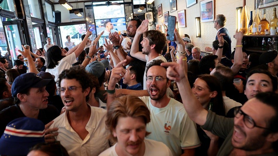 France fans celebrate a goal at a New York abr