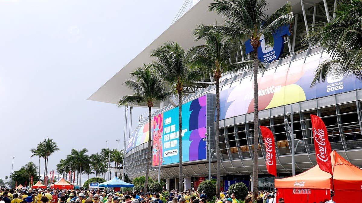 The outside of Miami Stadium packed with fans during the 2026 World Cup.